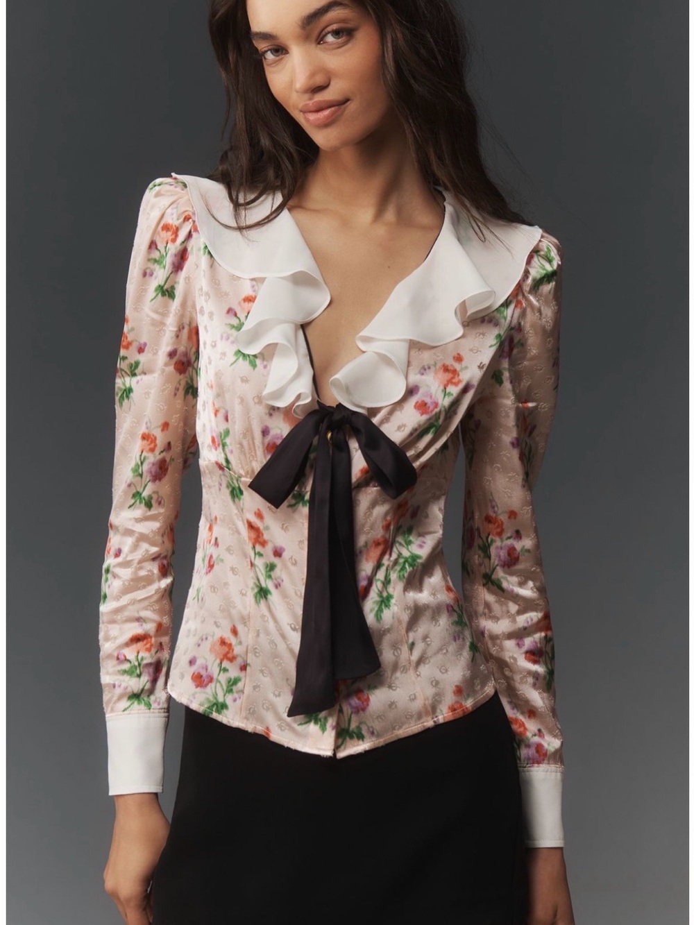 NWT Anthropologie Ruffled Floral Tie-Neck Blouse in Light Pink XL